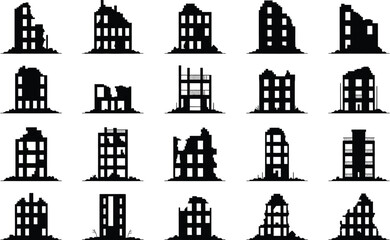 Obraz premium Collection of black silhouettes of damaged and destroyed buildings
