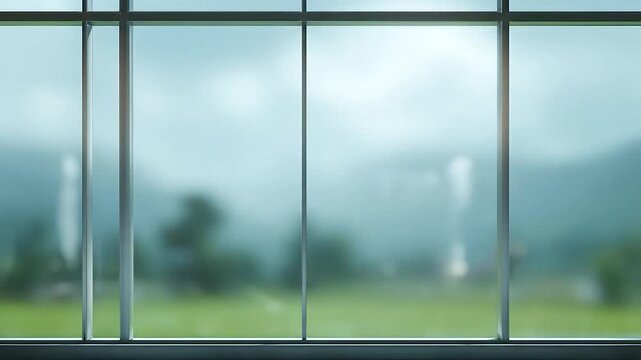 Modern window frame offering a serene view of a blurred natural landscape