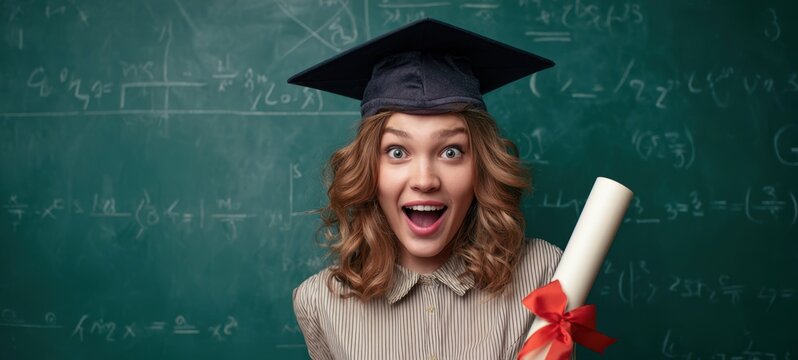 The Graduate Student Celebrating Success with Diploma in Front of Math Chalkboard