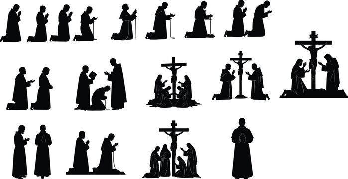 Black silhouettes of monks and priests in prayer kneeling before the holy crucifix and cross representing christianity faith devotion spirituality and catholic religious traditions