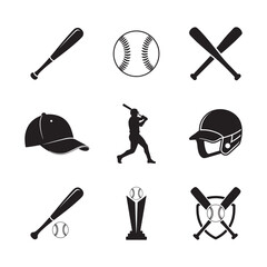 Silhouette of baseball icons set featuring bat, ball, crossed bats, helmet, cap, trophy and batter silhouette. Minimal flat vector design isolated on white background.
