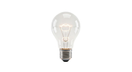 A classic incandescent light bulb glowing softly against a white background isolated on transparent background
