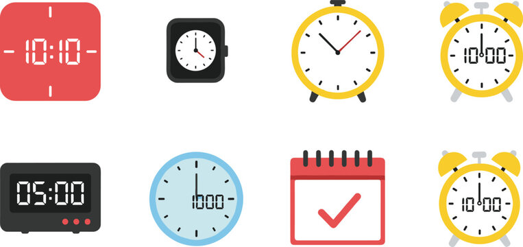 Set of flat vector icons featuring digital clocks analog watches yellow alarm clocks and a calendar with a checkmark representing time management and scheduling
