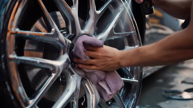 Cleaning a car wheel using a spray and cloth in a wash area during daylight hours