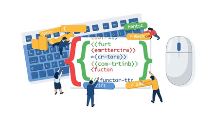 Developers collaborating on coding project with keyboard, mouse, and programming symbols