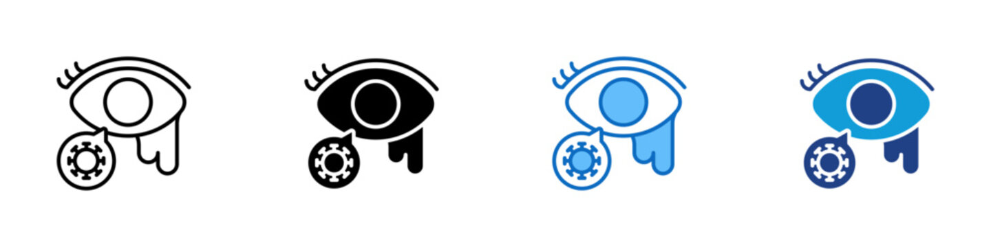 Infected Eye Multiple Style Icon Design Vector - Eye with dripping detail and virus particle representing eye infection, conjunctivitis, and contagious disease