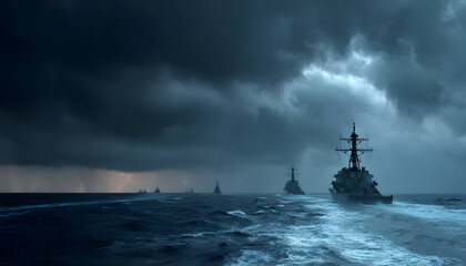Modern warships conducting strategic patrol across rough seas. Naval fleet maintaining formation under dark storm clouds.