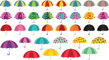 Colorful Umbrella Collection with Polka Dot, Heart and Solid Patterns Rainy Season Cartoon Vector Illustration Set