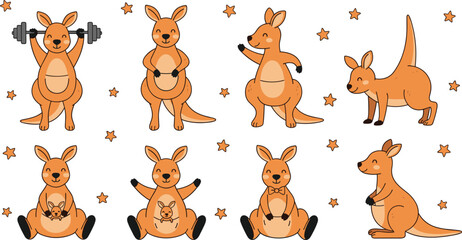 Fototapeta premium Cute Cartoon Kangaroo Collection with Baby Joey, Fitness Exercise and Happy Poses Vector Illustration Set