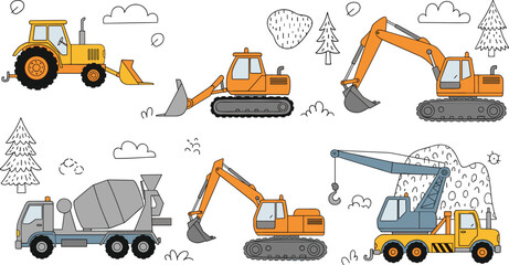 Construction Vehicles Collection with Excavator, Bulldozer, Tractor, Crane and Cement Mixer Cartoon Vector Illustration Set © Momota