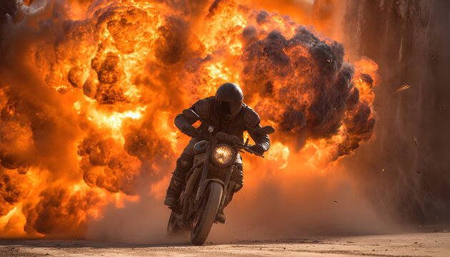 motorcycle rider speeding away from a massive explosion. Action movie stunt with fire and smoke.