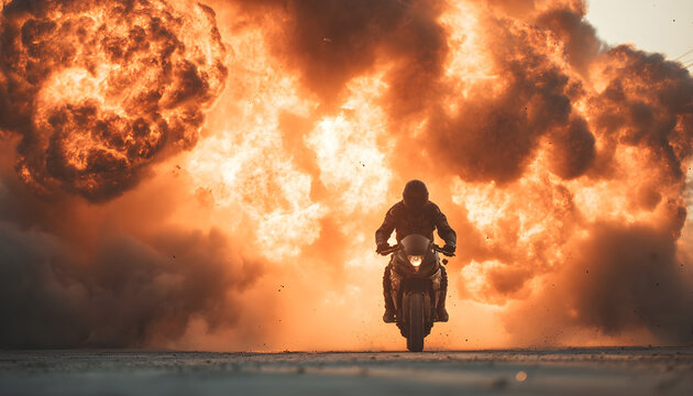 motorcycle rider speeding away from a massive explosion. Action movie stunt with fire and smoke.