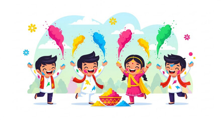 Fototapeta premium Children celebrating holi festival with colorful powder and vibrant background