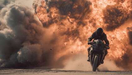Naklejka premium motorcycle rider speeding away from a massive explosion. Action movie stunt with fire and smoke.