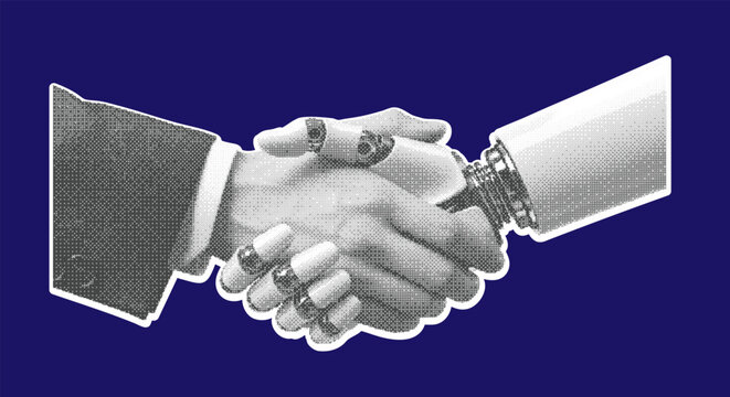 Halftone Human Robot Handshake - AI Partnership Illustration