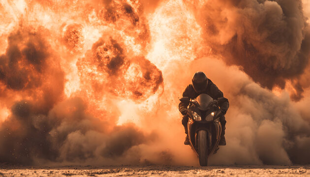 motorcycle rider speeding away from a massive explosion. Action movie stunt with fire and smoke.