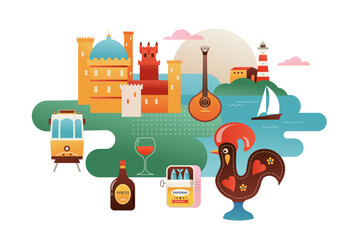 Portugal touristic attractions, landmarks and symbols colorful banner, poster and postcard background. © Marina Zlochin