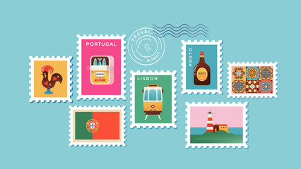 Portugal postage stamps collection. Famous attractions, landmarks and touristic symbols colorful icons collection. © Marina Zlochin