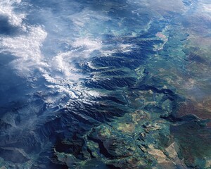 Obraz premium Aerial view of a mountain range, partially obscured by clouds, showcasing varying shades of green, brown, and blue