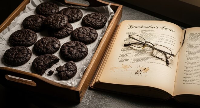 Freshly baked dark chocolate cookies rest beside an open antique recipe book with reading glasses.
