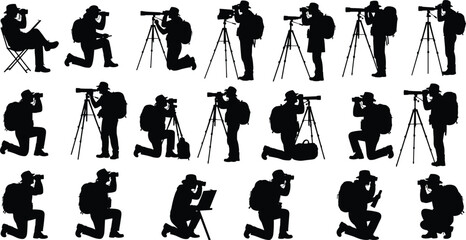 Black silhouette collection of professional photographers and nature observers with tripods and binoculars isolated on white background for creative design.