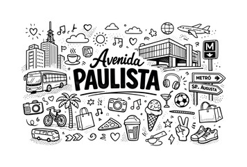 Scenic Avenida Paulista view, hand drawn doodle elements set, center hand-lettered title, black & white vector line art, bold