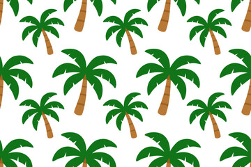 Fototapeta premium Tropical pattern of playful palm trees with green fronds and brown trunks on white, evoking a breezy island vibe perfect for textiles, wallpapers, or decor.
