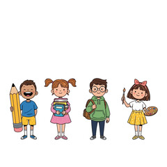 Diverse kids with school supplies, ready for learning and creativity