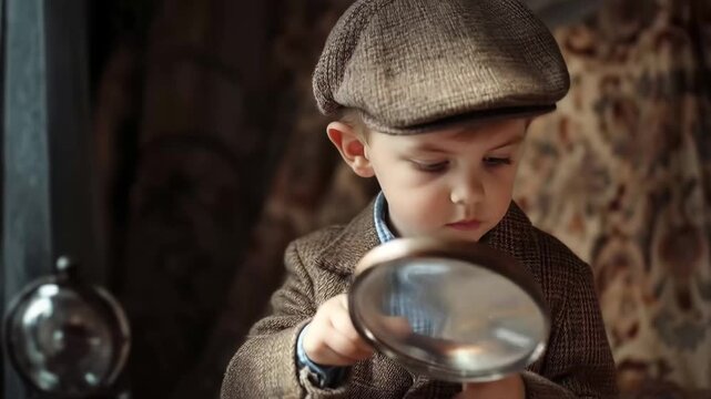 Child examines objects with magnifying glass in a cozy room setting during the afternoon