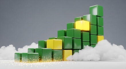 Naklejka premium A 3D rendered graph climbs upwards made of green blocks with some yellow accents, amidst clouds
