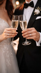 Bride and groom clinking champagne glasses during elegant wedding reception celebration with romantic evening atmosphere