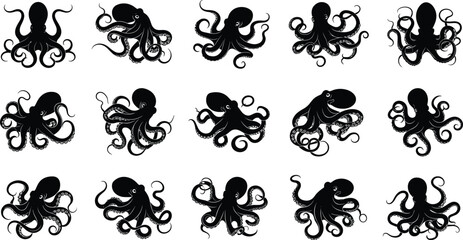 octopus, silhouette, marine, animal, sea, ocean, tentacles, underwater, wildlife, aquatic, black, isolated, set, collection, illustration, vector, design, nature, cephalopod, nautical, graphic, clipar