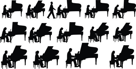 piano player, grand piano, musician, silhouette, music, instrument, performance, classical, artist, concert, isolated, black, collection, people, playing, keyboard, vector, illustration, design, jazz, © hiiii