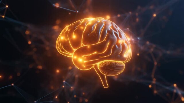Glowing brain visualization with digital network connections and abstract cloud computing, showcasing technology and innovation in a futuristic environment.mp4