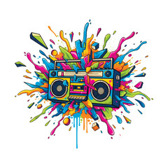 Vibrant retro boombox vector with colorful paint splashes and geometric explosions. Dynamic street art illustration in graffiti style for music posters, party flyers, and urban apparel. © Elmar