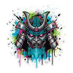 Cyberpunk samurai mask vector with glowing pink eyes and neon teal accents. Futuristic ronin mascot in graffiti style with paint splashes for gaming logos, esports, and urban apparel. © Elmar