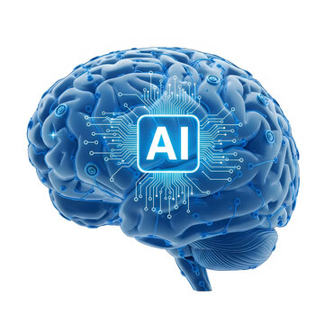 Digital illustration of a brain with ai symbol, isolated on transparent background