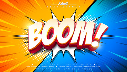 Comic Boom Editable Text Effect Design Illustrator Graphic Style with Customizable Colorful 3d Cartoon Font on Retro Background. Vector Premium Typography Lettering Illustration Template for Greeting © articular