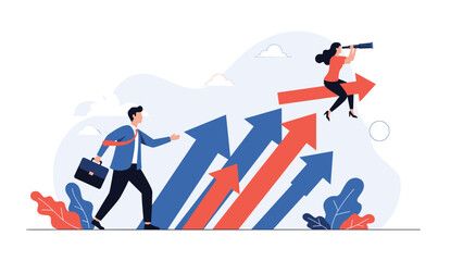 Fototapeta premium Businessman runs while a woman sits on a giant rising arrow with binoculars, representing team leadership, visionary direction, and growth.
