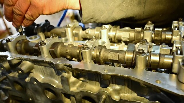 Auto mechanic repairing a car engine with a ratchet wrench under the hood, hands-on professional vehicle maintenance and troubleshooting in a garage setting.