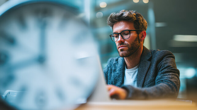 A focused young man wearing glasses works intently on a laptop in a modern office space with a blurred clock in the foreground.