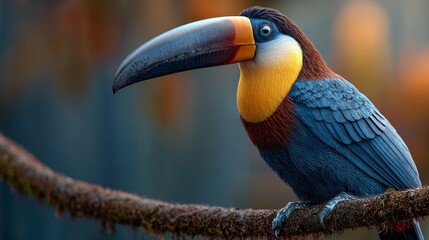Fototapeta premium Colorful toucan perched on a mossy branch in a tropical forest setting