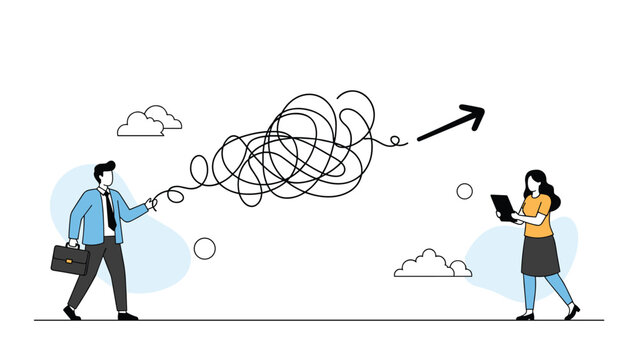 businessman and businesswoman straightening a tangled line into a progress arrow represents simplification and problem solving.