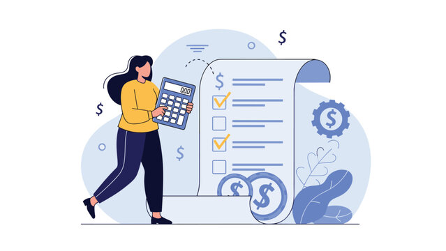 professional woman using a calculator next to a giant financial checklist illustrates effective budgeting and tax preparation.