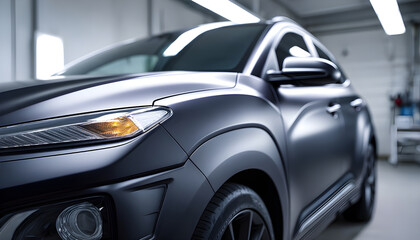 Fototapeta premium Closeup medium shot of a matte paint finish booth showcasing a sleek vehicle with textured paint emphasizing the subtle detail with the rest