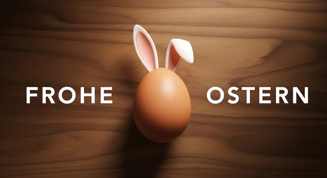 Easter egg with bunny ears on wooden background with frohe ostern text