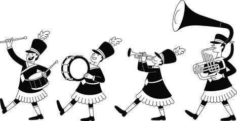 Cartoon marching band musicians playing instruments in parade procession illustration isolated © MSTMONIRA