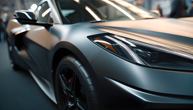Closeup medium shot of a matte paint finish booth showcasing a sleek vehicle with textured paint emphasizing the subtle detail with the rest