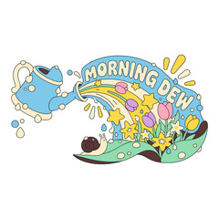 Groovy Watering Can Pouring Magic Stars and Tulip Flowers Morning Dew