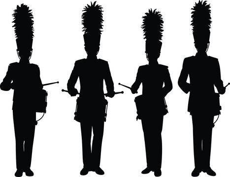 Marching band drummers silhouettes in uniform with tall hats performing parade music